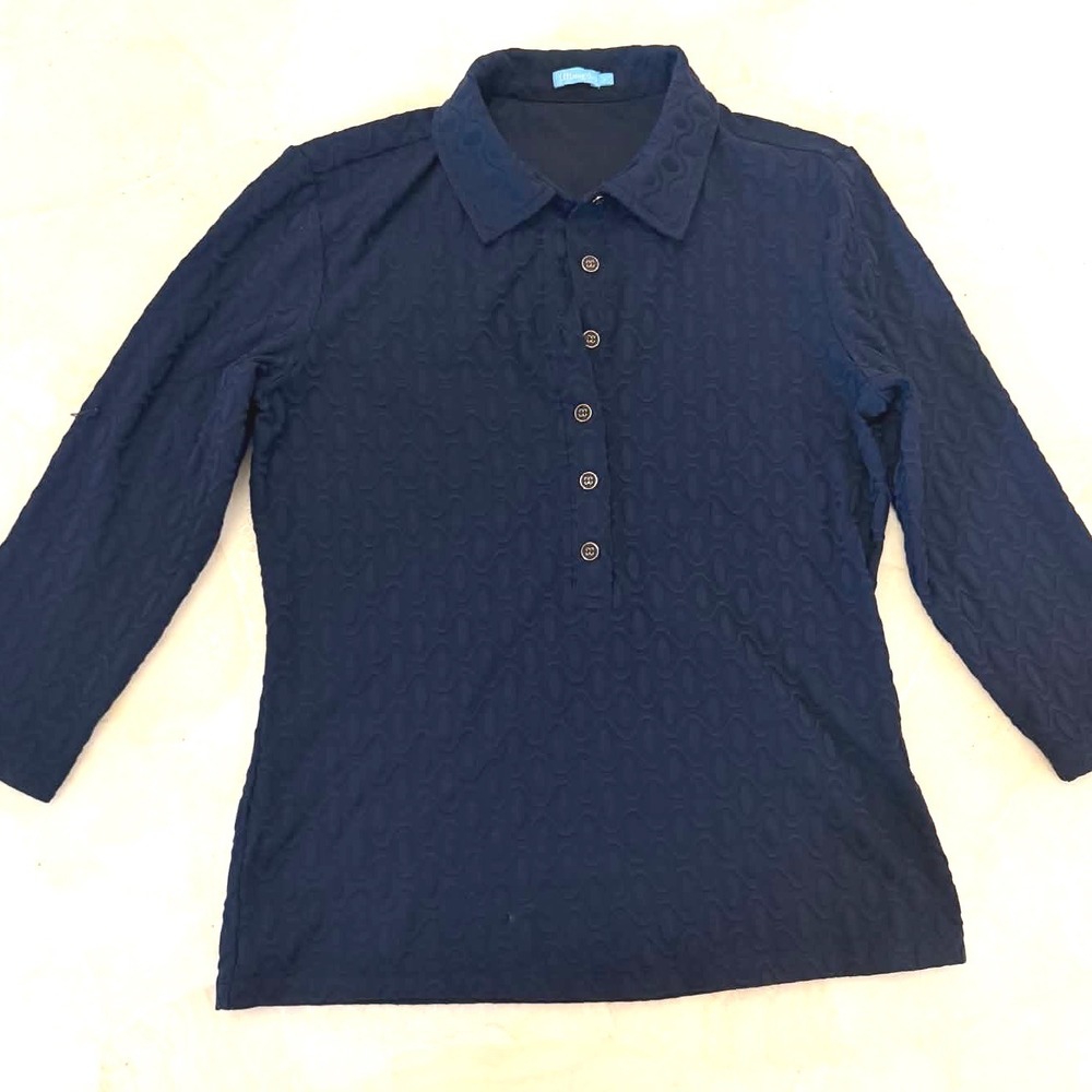 J. McLaughlin Navy Blue Textured Jacquard Long Sleeve Polo Top Size S